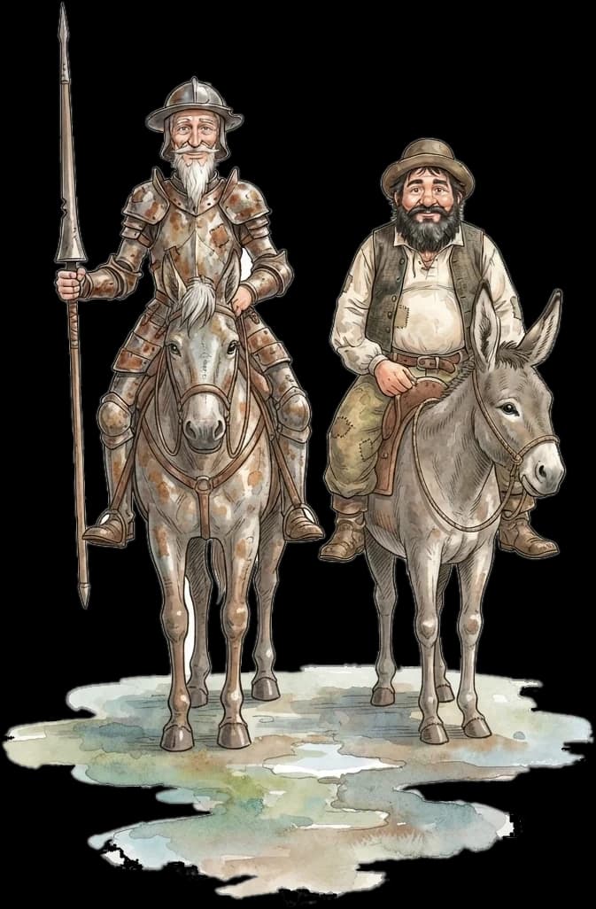 Don Quijote y Sancho Panza a caballo, en acuarela.